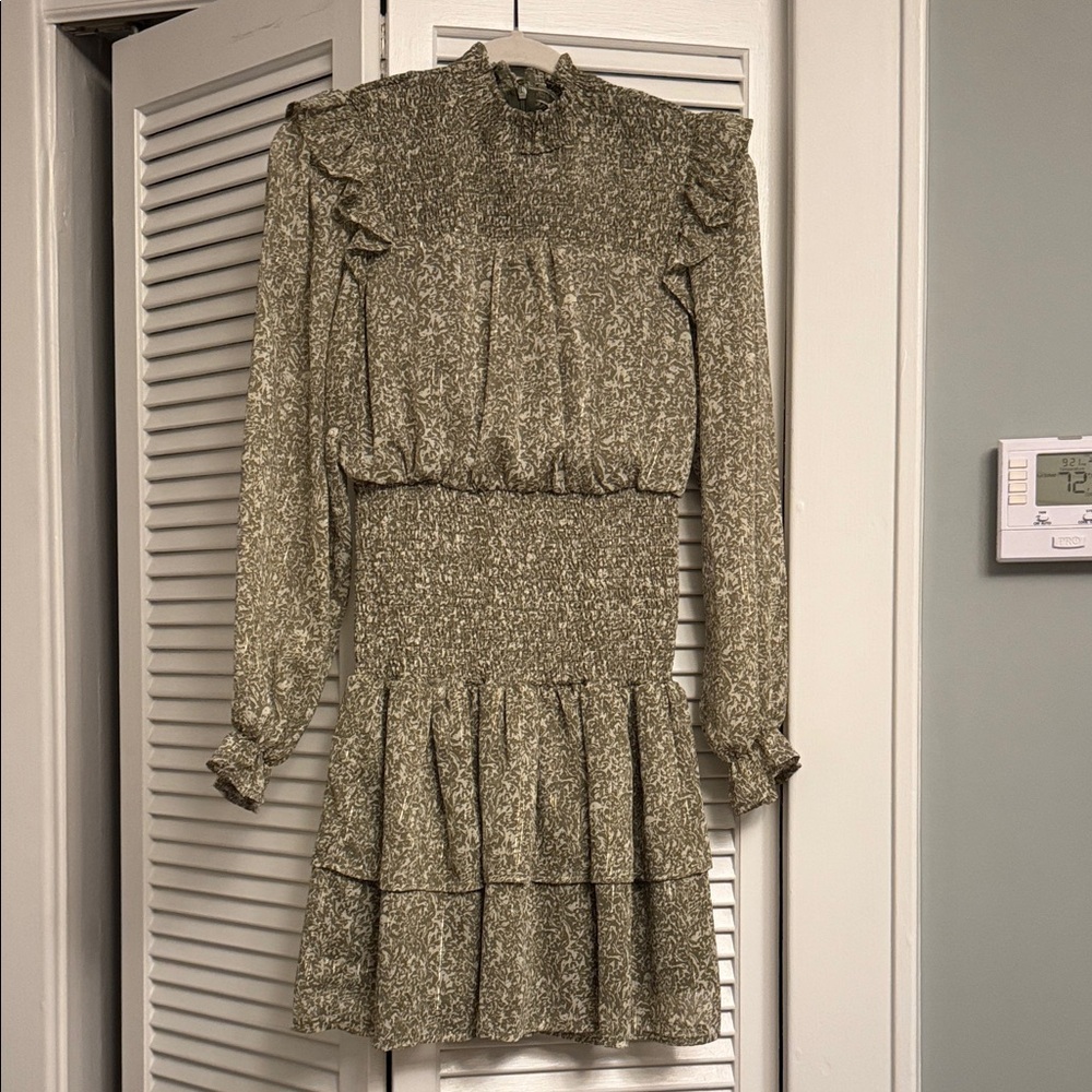 Green and Cream Tiered Dress with Mock Neck and Bishop Sleeves